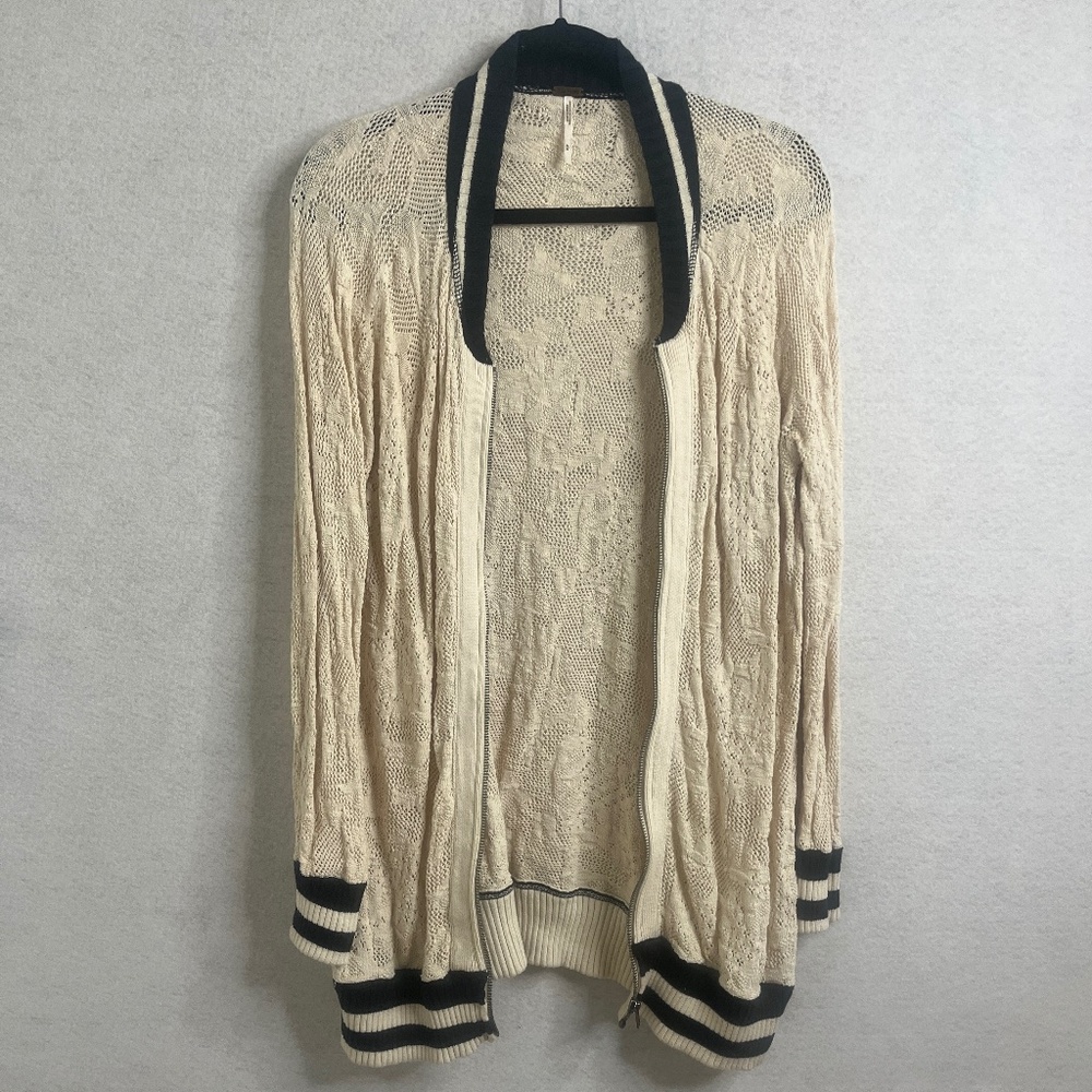 Free People Lace Knit Zip Cardigan Sweater M | Boho Varsity Style